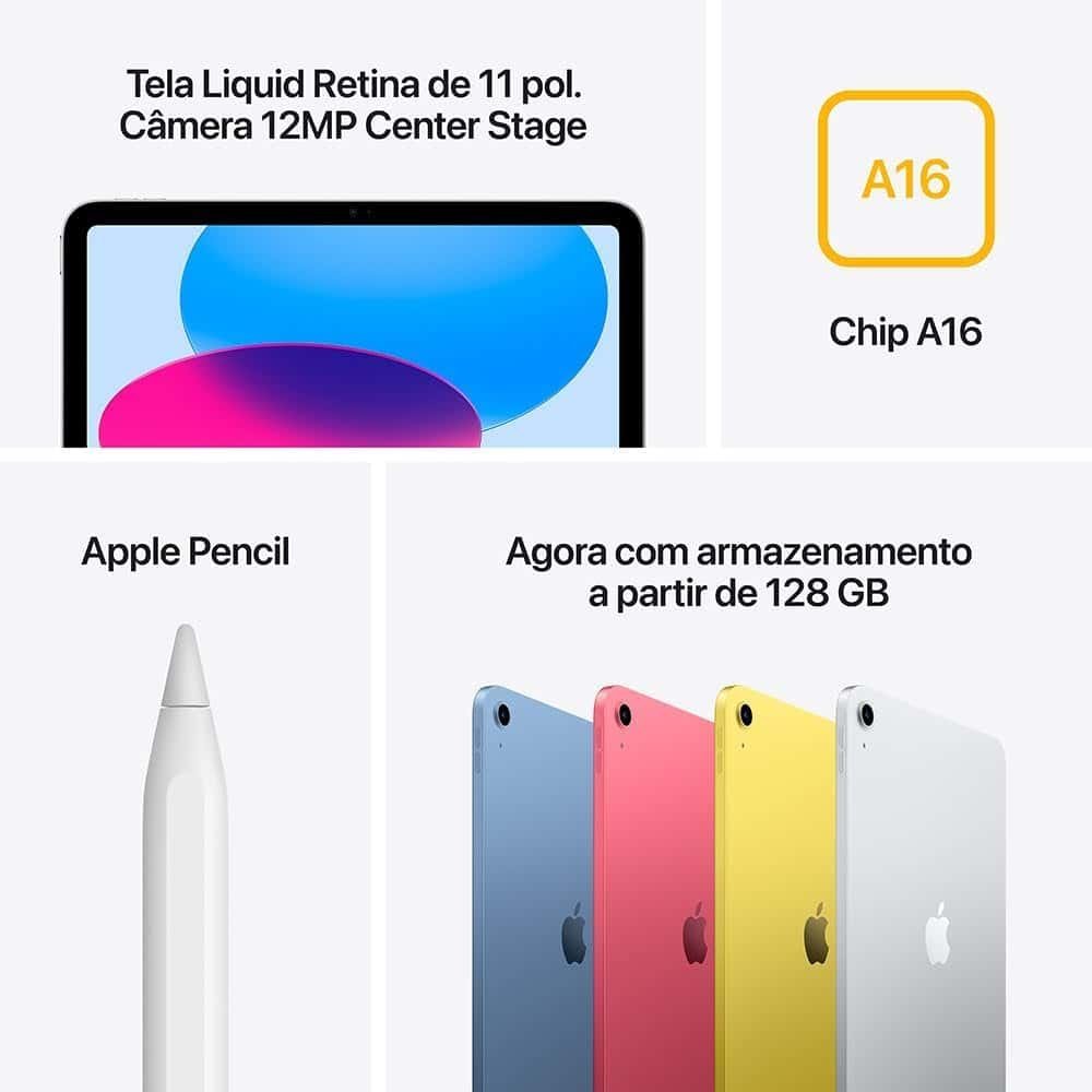 Tela Liquid Retina de 11 polegadas com câmera de 12MP e chip A16 para tecnologia avançada.