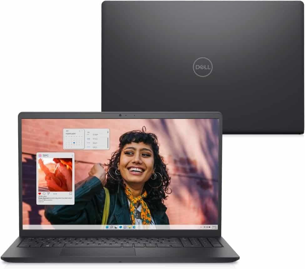 Dell laptop com tela brilhante e imagens vibrantes de tecnologia.