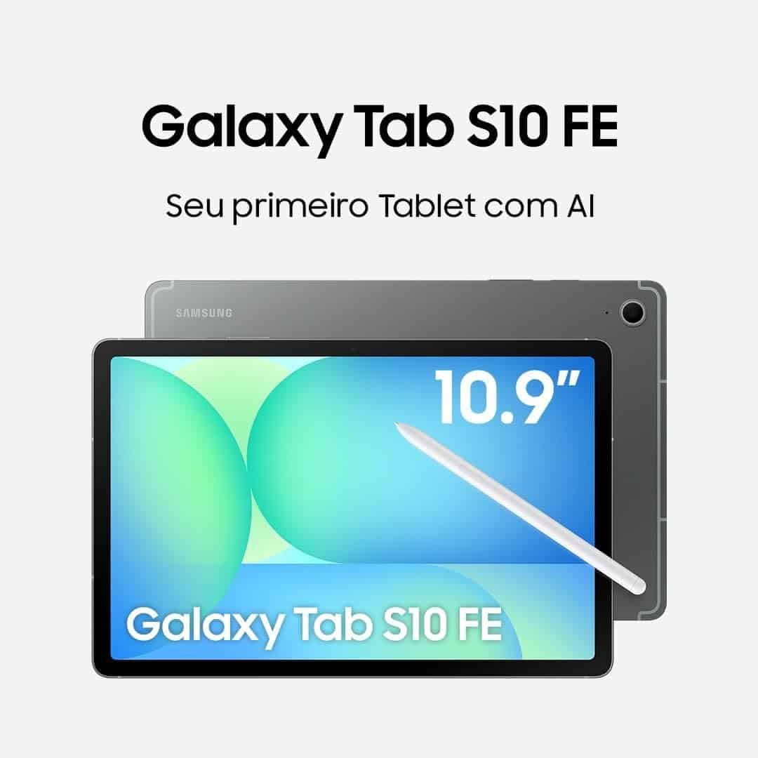 Galaxy Tab S10 FE com tela de 10.9 polegadas, tablet com inteligência artificial e alta performance.