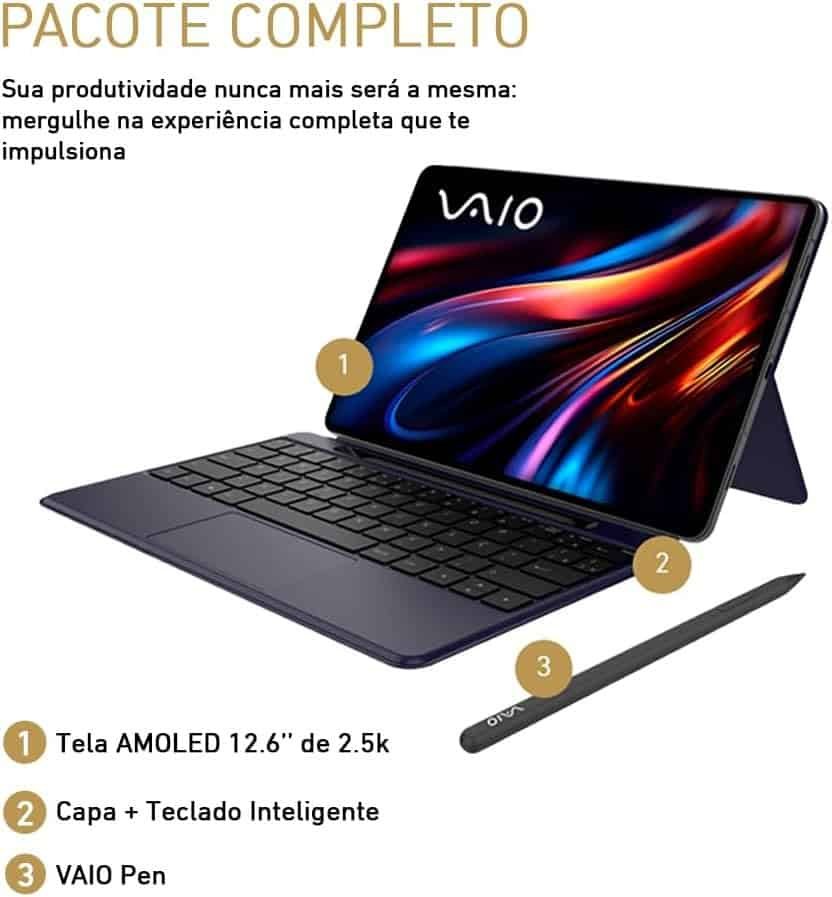 Notebook com tela AMOLED 12.6" e teclado inteligente para produtividade.