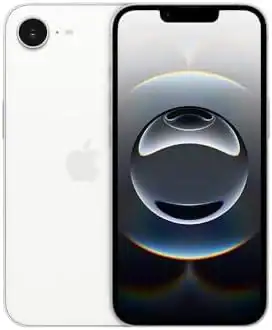 Smartphone iPhone 13 branco com tela ativada e câmera visível.