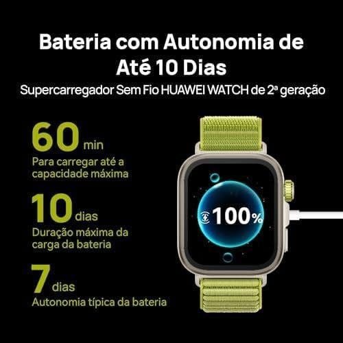 Supercarregador sem fio Huawei Watch, bateria de longa duração, autonomia de até 10 dias.