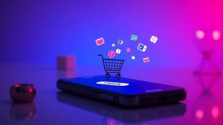 Roteiro de compras online, ícones de aplicativos de tecnologia, carrinho de compras digital, smartphone com aplicativos flutuantes, aprendizado de compras em e-commerce relevante.