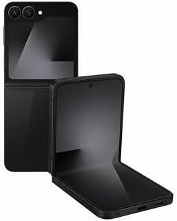 Smartphone dobrável preto aberto mostrando tela e design compacto.