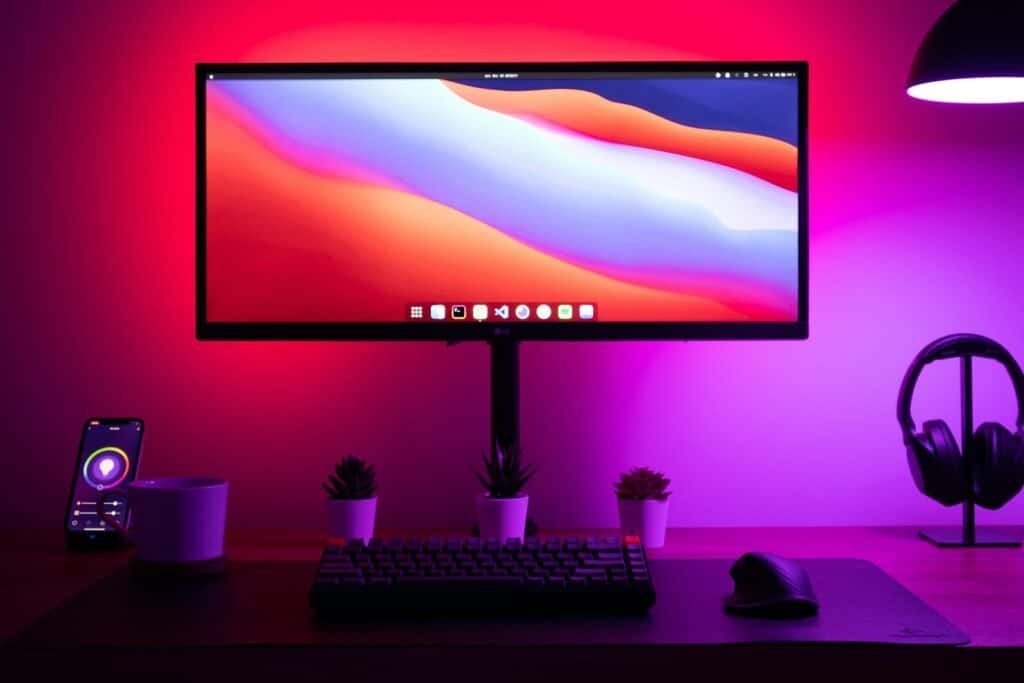 Tela de monitor de computador com iluminação LED roxa e acessórios tecnológicos no ambiente de trabalho.