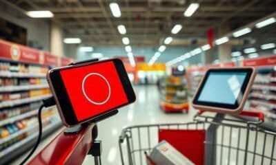 Smartphone com tela de pagamento no supermercado.