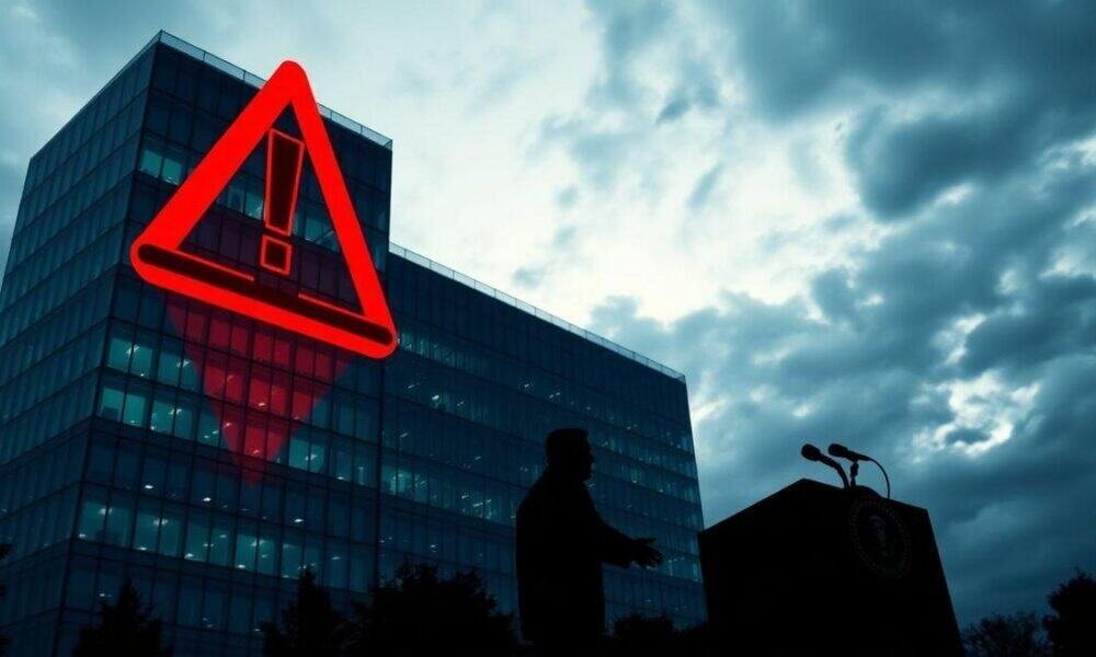Alerta de aviso de segurança em edifício corporativo com nuvens no céu.