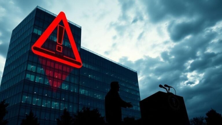 Alerta de aviso de segurança em edifício corporativo com nuvens no céu.
