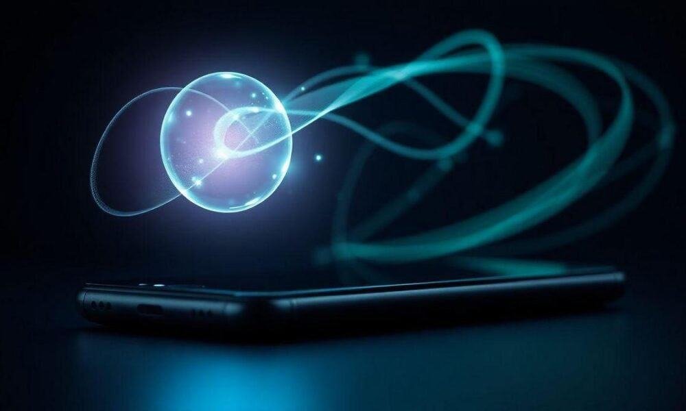 Bola de energia e tecnologia flutuando acima de um celular inteligente.