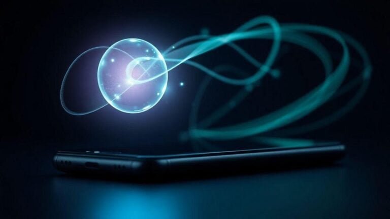 Bola de energia e tecnologia flutuando acima de um celular inteligente.