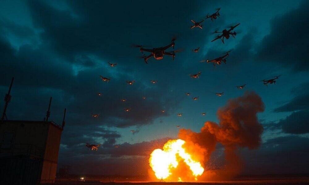 Drones realizando ataque com explosão em campo aberto ao entardecer.