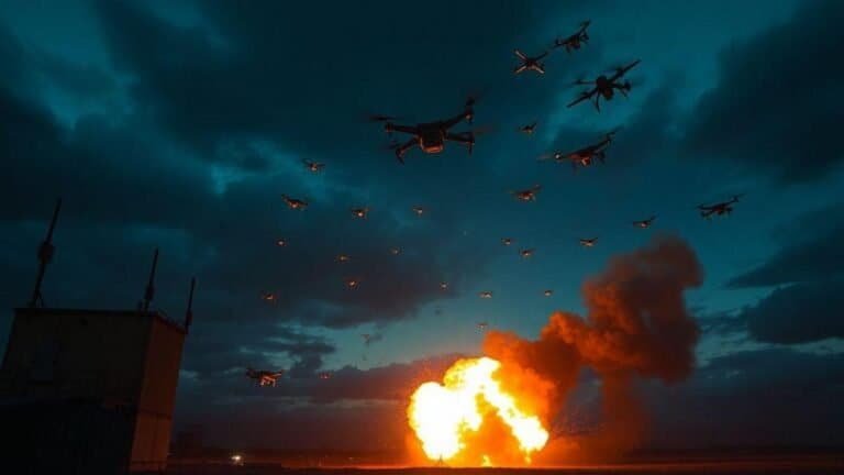 Drones realizando ataque com explosão em campo aberto ao entardecer.