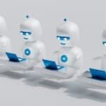 Robôs de inteligência artificial com laptops, tecnologia avançada e inovação digital.
