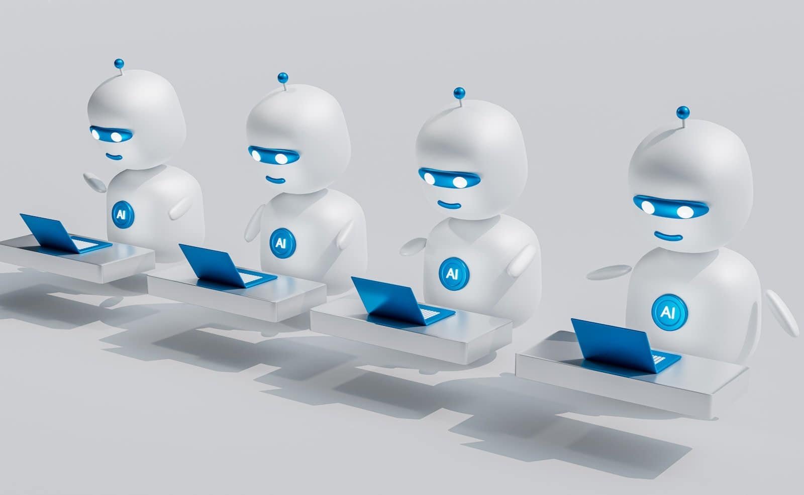 Robôs de inteligência artificial com laptops, tecnologia avançada e inovação digital.