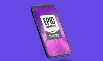 Epic Games Store no celular com fundo roxo.