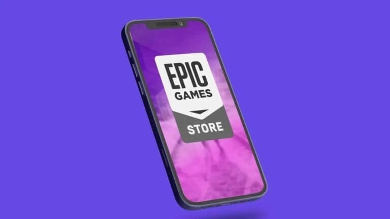Epic Games Store no celular com fundo roxo.