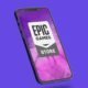 Epic Games Store no celular com fundo roxo.