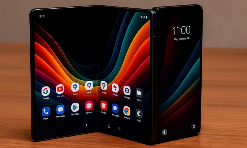 Dobrador de celular dobrável com tela dupla vibrante e tecnologia avançada para smartphones inovadores.