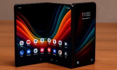 Dobrador de celular dobrável com tela dupla vibrante e tecnologia avançada para smartphones inovadores.