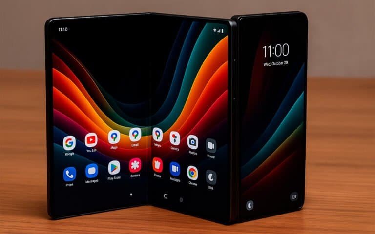 Dobrador de celular dobrável com tela dupla vibrante e tecnologia avançada para smartphones inovadores.