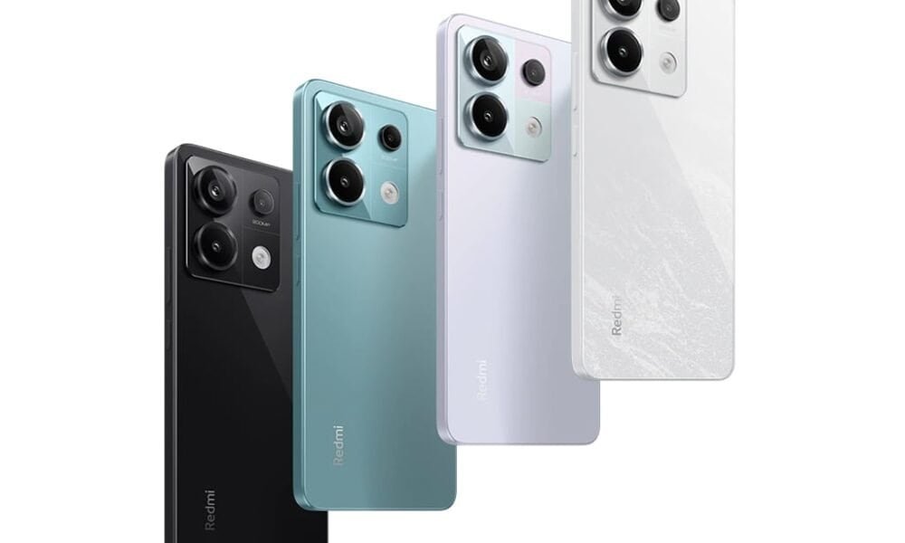 Câmeras de smartphones Redmi com múltiplas lentes em cores preto, azul, branco e cinza.