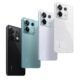 Câmeras de smartphones Redmi com múltiplas lentes em cores preto, azul, branco e cinza.