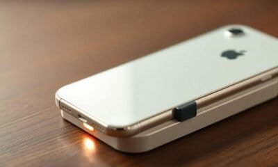 Smartphone Apple iPhone com carregador sem fio sobre mesa de madeira disponível no Seu Guia de Tecnologia.