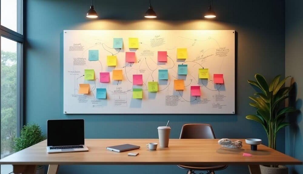 Mapas mentais com anotações coloridas para organização do trabalho de tecnologia.