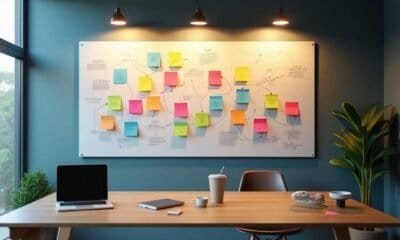 Mapas mentais com anotações coloridas para organização do trabalho de tecnologia.