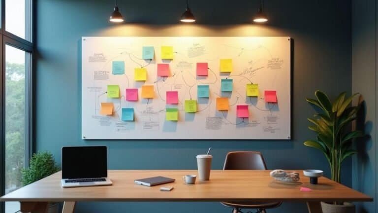 Mapas mentais com anotações coloridas para organização do trabalho de tecnologia.