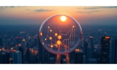 Roteiro de investimento em tecnologia com gráficos financeiros e símbolos de moedas.