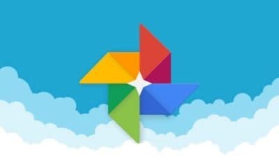 Google Fotos com nuvem azul e elementos coloridos, foco em tecnologia e armazenamento digital.