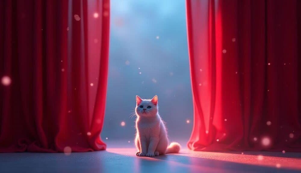 Gato branco entre cortinas vermelhas com luz suave e fundo azul, ambiente aconchegante e elegante.