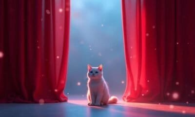 Gato branco entre cortinas vermelhas com luz suave e fundo azul, ambiente aconchegante e elegante.