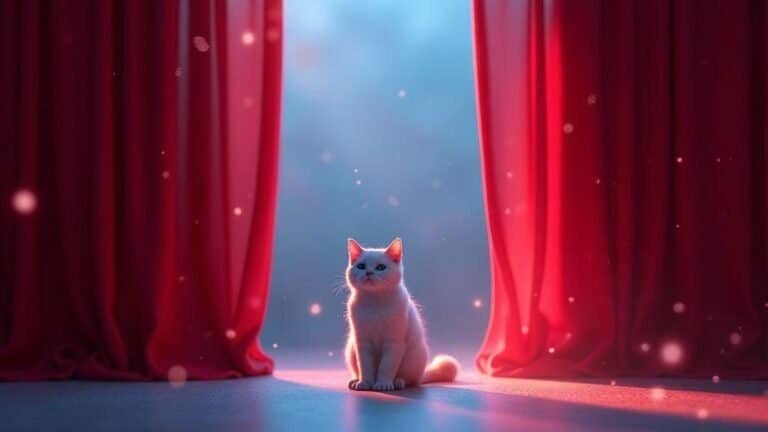 Gato branco entre cortinas vermelhas com luz suave e fundo azul, ambiente aconchegante e elegante.