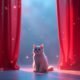 Gato branco entre cortinas vermelhas com luz suave e fundo azul, ambiente aconchegante e elegante.