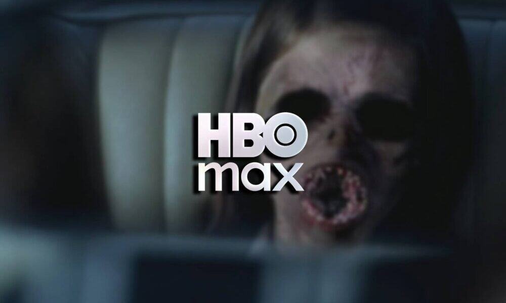 Zumbi assustador na TV de alta definição com logotipo HBO Max ao centro.