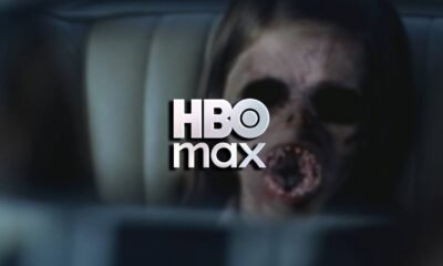 Zumbi assustador na TV de alta definição com logotipo HBO Max ao centro.