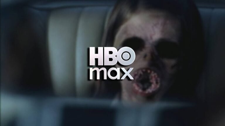 Zumbi assustador na TV de alta definição com logotipo HBO Max ao centro.