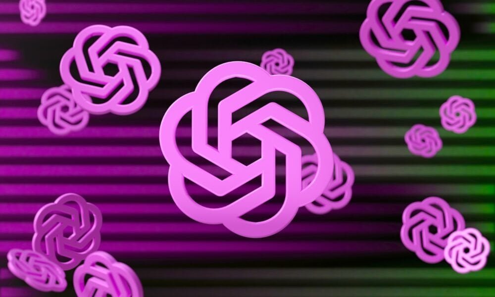Design de logotipo de tecnologia com elementos geométricos em iluminação neon rosa forte.