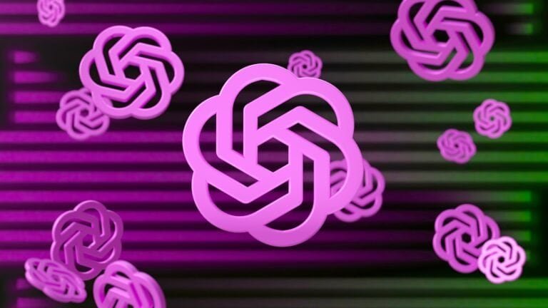 Design de logotipo de tecnologia com elementos geométricos em iluminação neon rosa forte.
