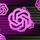 Design de logotipo de tecnologia com elementos geométricos em iluminação neon rosa forte.