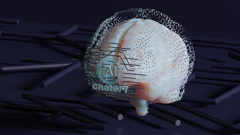 Imagem de cérebro tecnológico com inteligência artificial e chatGPT, fundo escuro, ilustração 3D.