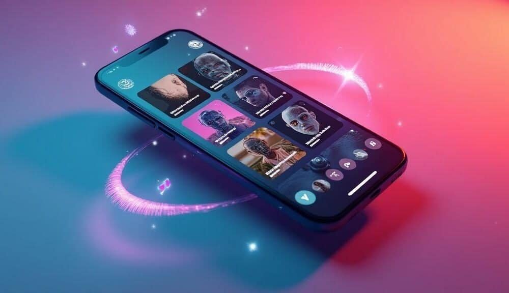 Smartphone com aplicativo de chamadas de vídeo e fotos de pessoas na tela.