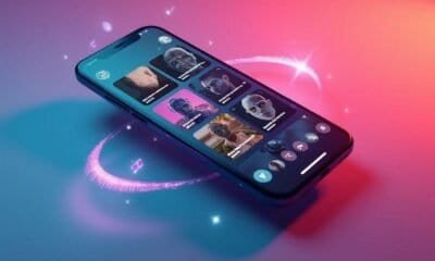 Smartphone com aplicativo de chamadas de vídeo e fotos de pessoas na tela.