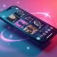 Smartphone com aplicativo de chamadas de vídeo e fotos de pessoas na tela.