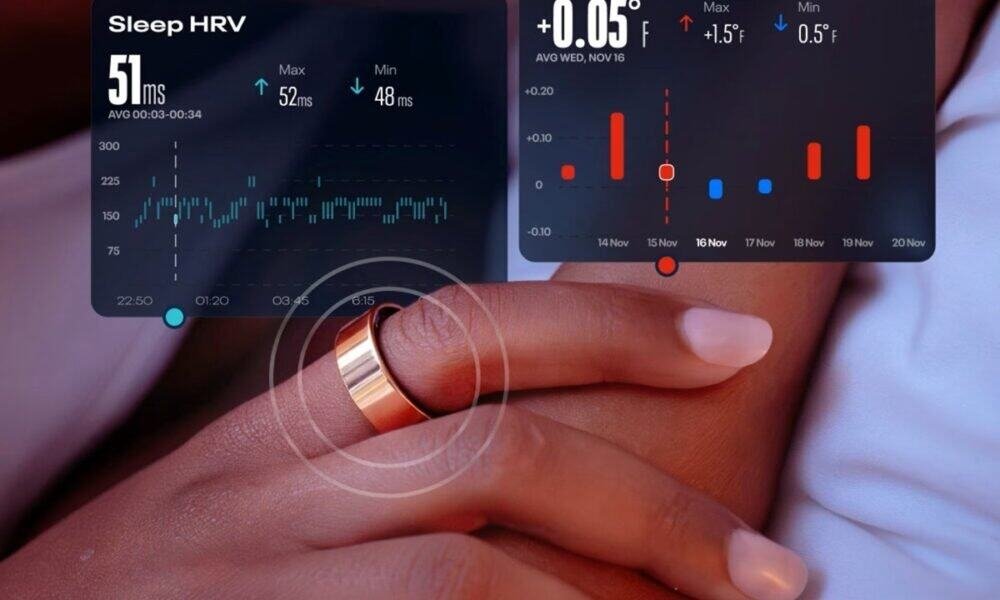 Monitor de saúde do sono com gráficos de dados biométricos e tecnologia avançada.