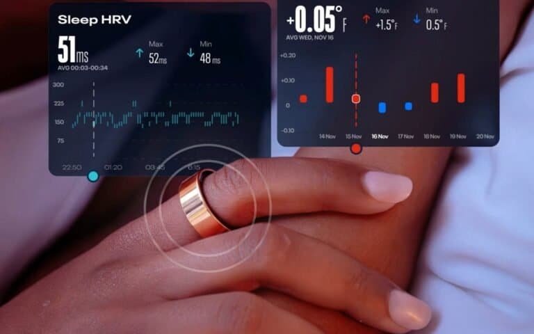 Monitor de saúde do sono com gráficos de dados biométricos e tecnologia avançada.