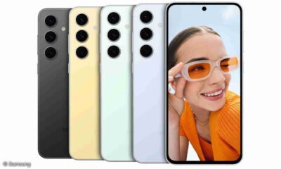 Smartphone Galaxy S23 com várias cores e uma mulher usando óculos de sol, tecnologia avançada.