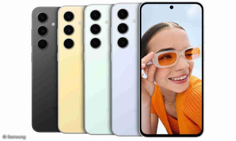Smartphone Galaxy S23 com várias cores e uma mulher usando óculos de sol, tecnologia avançada.